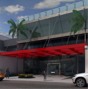 Marquise metálica vermelha sobre a entrada de edifício comercial, sustentada por tirantes de aço